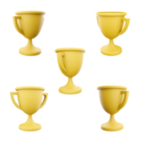 3d tolkning gul vinnare kopp ikon uppsättning. 3d framställa trofén för först plats i de form av en guld kopp annorlunda positioner ikon uppsättning. png