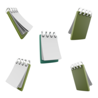 3d rendering open notepad without notes icon set. 3d render Notebook consisting of loose sheets of writing paper different positions icon set. png