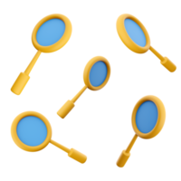 3d rendering magnifying glass icon set. 3d render optical instrument for viewing small objects different positions icon set. png
