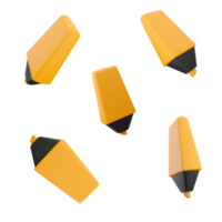 3d rendering yellow marker icon set. 3d render Colored felt-tip pen with an indicator rod for highlighting lines, words or sections of text, as well as for poster work different positions icon set. png