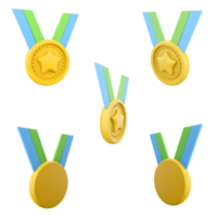 3d Rendern Gold Medaille zum zuerst Platz Symbol Satz. 3d machen Zeichen im das bilden von ein runden Metall Teller mit verschiedene Bilder anders Positionen Symbol Satz. png