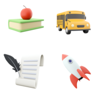 3d representación libro con manzana, colegio autobús, pluma con papel y cohete modelo icono colocar. 3d hacer elementos de estudiar icono colocar. png
