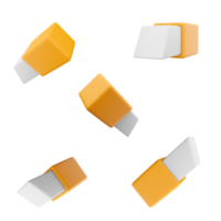 3d rendering eraser icon set. 3d rendr writing utensil for removing pencil inscriptions from paper different positions icon set. png