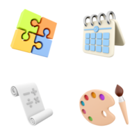 3d rendering puzzle, calendar, math signs on a sheet and a palette with a brush icon set. 3d render education concept icon set. png