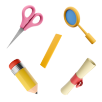 3d rendering scissors, magnifier, ruler, pencil with an eraser at the end and diploma icon set. 3d render education concept icon set. png