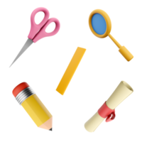 3d rendering scissors, magnifier, ruler, pencil with an eraser at the end and diploma icon set. 3d render education concept icon set. png