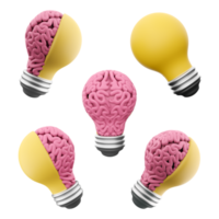 3d rendering pink glowing human brain inside the electric light bulb icon set. 3d render an idea that enters the human mind different positions icon set. png