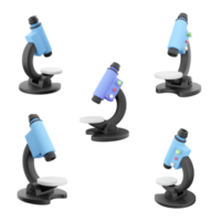 3d rendering modern microscope icon set. 3d render Optical instrument with highly magnifying glasses for viewing objects different positions icon set. png