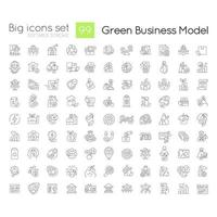 Green business model linear icons set. Sustainable company. Environmental friendly. Customizable thin line symbols. Isolated vector outline illustrations. Editable stroke