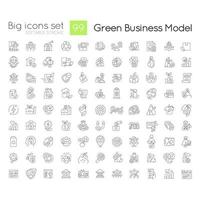 Green business model linear icons set. Sustainable company. Environmental friendly. Customizable thin line symbols. Isolated vector outline illustrations. Editable stroke