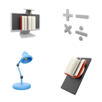 3d rendering pc monitor with open book, add, subtract, multiply, divide signs, desk lamp and telephone with open book icon set. 3d render education concept icon set. png