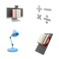 3d rendering pc monitor with open book, add, subtract, multiply, divide signs, desk lamp and telephone with open book icon set. 3d render education concept icon set. png