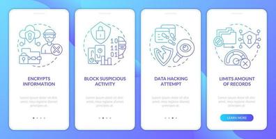 CIAM pros blue gradient onboarding mobile app screen. Avoid hackers walkthrough 4 steps graphic instructions with linear concepts. UI, UX, GUI template vector