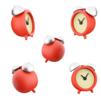 3d rendering red alarm clock icon set. 3d render Clock with a special winding, ringing at the required time different positions icon set. png