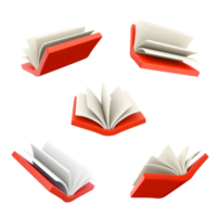 3d rendering open book with red cover icon set. 3d render learning from book different positions icon set. png