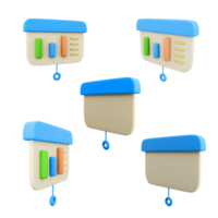 3d rendering presentation board with bar graph icon set. 3d render marker board with a holder for a sheet or block of paper different positions icon set. png