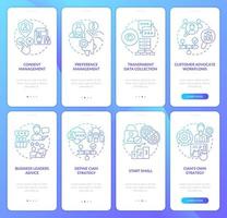 CIAM strategy blue gradient onboarding mobile app screen set. Walkthrough 5 steps graphic instructions with linear concepts. UI, UX, GUI template vector