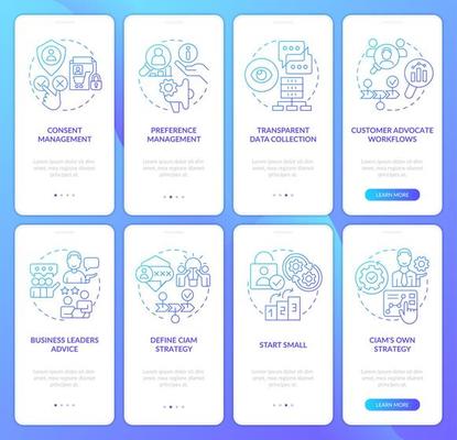 CIAM strategy blue gradient onboarding mobile app screen set. Walkthrough 5 steps graphic instructions with linear concepts. UI, UX, GUI template