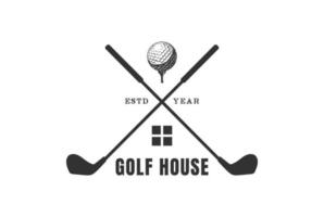 Vintage Retro Crossed Stick Golf Ball Tee with House for Training Course Sport Club Logo Design vector