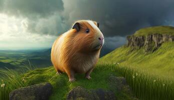 realistic 3d illustration of a guinea pig standing in a green meadow on the edge of a hill, photo