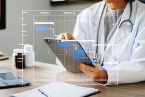 gerente de proyecto que trabaja y actualiza las tareas con el diagrama de programación de diagramas de Gantt en el hospital. médico inteligente de éxito que trabaja con un médico inteligente foto