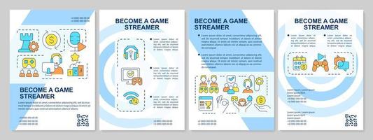 Become cybersport streamer blue brochure template. E sport champion. Leaflet design with linear icons. Editable 4 vector layouts for presentation, annual reports