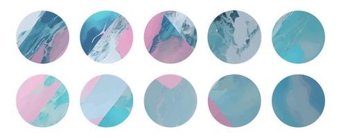 Set of abstract round stickers with blue and pink marble textures. Collection aesthetic ig highlight stories covers backgrounds. Artificial marbling decor. Design for beauty shop, makeup, cosmetics vector