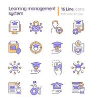 Learning management system RGB color icons set. Elearning. Software application for studying. Isolated vector illustrations. Simple filled line drawings collection. Editable stroke