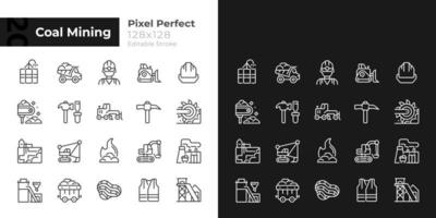 Coal mining pixel perfect linear icons set for dark, light mode. Personal protective equipment. Heavy industry. Thin line symbols for night, day theme. Isolated illustrations. Editable stroke vector
