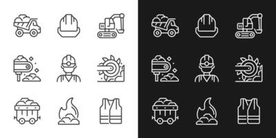 Coal extraction pixel perfect linear icons set for dark, light mode. Heavy industry machine equipment. Miner protection. Thin line symbols for night, day theme. Isolated illustrations. Editable stroke vector