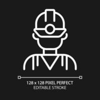 Miner pixel perfect white linear icon for dark theme. Manual labour. Coal mining industry employee. Protective equipment. Thin line illustration. Isolated symbol for night mode. Editable stroke vector