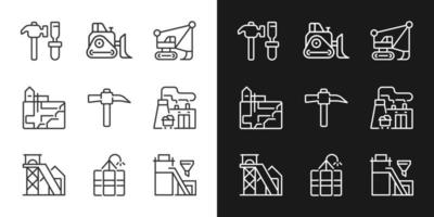 Mining industry related pixel perfect linear icons set for dark, light mode. Heavy equipment. Coal processing plant. Thin line symbols for night, day theme. Isolated illustrations. Editable stroke vector