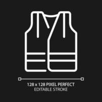 Reflective vest pixel perfect white linear icon for dark theme. Visible uniform for miners. Heavy industry equipment. Thin line illustration. Isolated symbol for night mode. Editable stroke vector