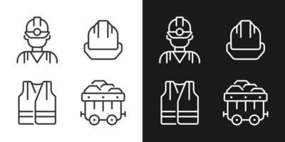 Coal miner protective equipment pixel perfect linear icons set for dark, light mode. Reflective vest and hardhat. Thin line symbols for night, day theme. Isolated illustrations. Editable stroke vector