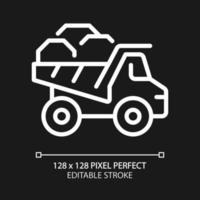 Dump truck pixel perfect white linear icon for dark theme. Dumper lorry. Heavy materials transportation. Coal mining. Thin line illustration. Isolated symbol for night mode. Editable stroke vector