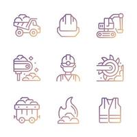 Coal extraction pixel perfect gradient linear vector icons set. Heavy industry machine equipment. Miner protection. Thin line contour symbol designs bundle. Isolated outline illustrations collection