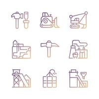 Mining industry related pixel perfect gradient linear vector icons set. Heavy equipment. Coal processing plant. Thin line contour symbol designs bundle. Isolated outline illustrations collection