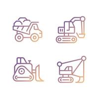 Mining vehicles pixel perfect gradient linear vector icons set. Heavy equipment. Coal mining industry. Excavator. Thin line contour symbol designs bundle. Isolated outline illustrations collection