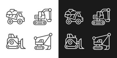 Mining vehicles pixel perfect linear icons set for dark, light mode. Heavy equipment. Coal mining industry. Excavator. Thin line symbols for night, day theme. Isolated illustrations. Editable stroke vector