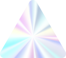 holográfico adesivo. prata rótulo gradiente carimbo. metal textura distintivo. iridescente arco Iris frustrar dentro triângulo forma. néon emblema png