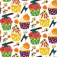 Pattern cupcakes for Halloween. Pastries in the form of muffins with a brain with an axe, pumpkin with a face, eyes. Cartoon vector. Wrapping paper for Halloween, cover, pattern, fabric. White vector