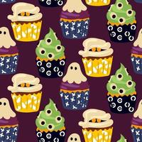 Pattern cupcakes for Halloween. Pastries in the form of muffins with a ghost, a mummy, a green slug with eyes. Cartoon vector. Wrapping paper for Halloween, cover, pattern, fabric. Violet vector