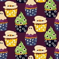 Pattern cupcakes for Halloween. Pastries in the form of muffins with a ghost, a mummy, a green slug with eyes. Cartoon vector. Wrapping paper for Halloween, cover, pattern, fabric. Violet vector