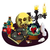 A fortune teller's table with magical items. Esoteric and mystical recipes. Cartoon. Magic ball, skull, potions, candles, candlestick, crystals, magic book. Still life with magical objects divination vector