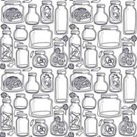 A pattern of glass jars with body parts in a contoured, linear style. The jars contain human ears, eyes, brains, hearts, and zombie fingers. The witch's supplies. Gift wrapped for Halloween, coloring vector