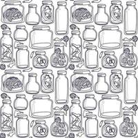 A pattern of glass jars with body parts in a contoured, linear style. The jars contain human ears, eyes, brains, hearts, and zombie fingers. The witch's supplies. Gift wrapped for Halloween, coloring vector