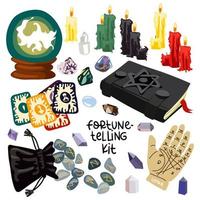 A set for divination of magical items. Candles, candlesticks, runes, a book of spells, a magic ball, crystals, a hand for predictions, tarot cards. The main set for a fortune teller for Halloween vector