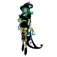A beautiful young witch of green color with a cloak with spiders and cobwebs and mud. Halloween costume concept. Modern vector illustration, hand-drawn. Templates of posters, stickers for the holiday