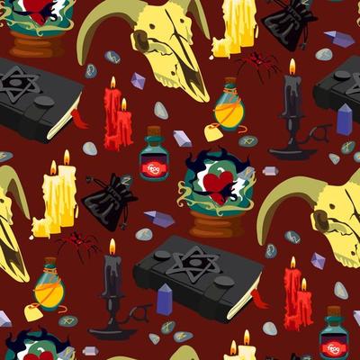 A pattern from a fortune-telling kit. Background with poisons, potions, candles, candlesticks, runes, spell book, animal skull, magic ball, runes, crystals. Printing for Halloween Gift Wrapping