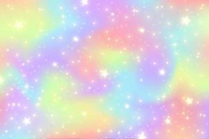 Rainbow unicorn background. Girlie princess sky with stars and sparkles. Gradient holographic fantasy backdrop. Vector abstract iridescent texture.